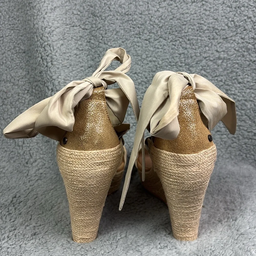 UGG Jules Espadrille Wedge Sandal Size 9.5 Leather Heel Cap Feminine Cream Bow - Picture 6 of 10